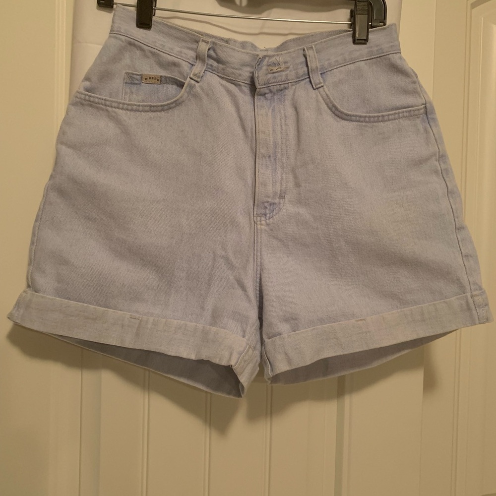 Blue Jean Shorts with High Waist and Cuffed Hem.